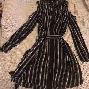 Open shoulder striped black and white dress